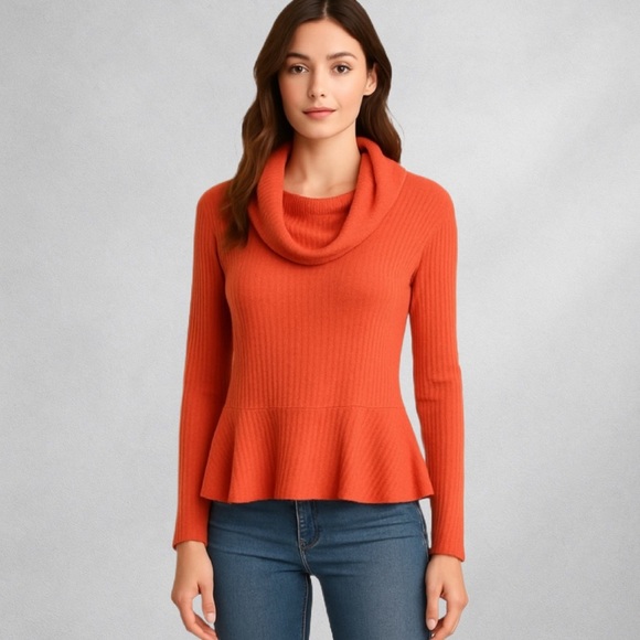 Maeve Sweaters - Maeve Ribbed Knit Tunic Sweater Womens XL Orange Cowl Neck Peplum Long Sleeve
